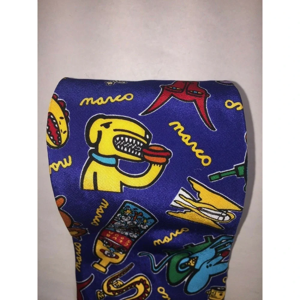 NOS Proudly Made by Marco NYC Navy Cartoon Pattern Silk Neck Tie 55